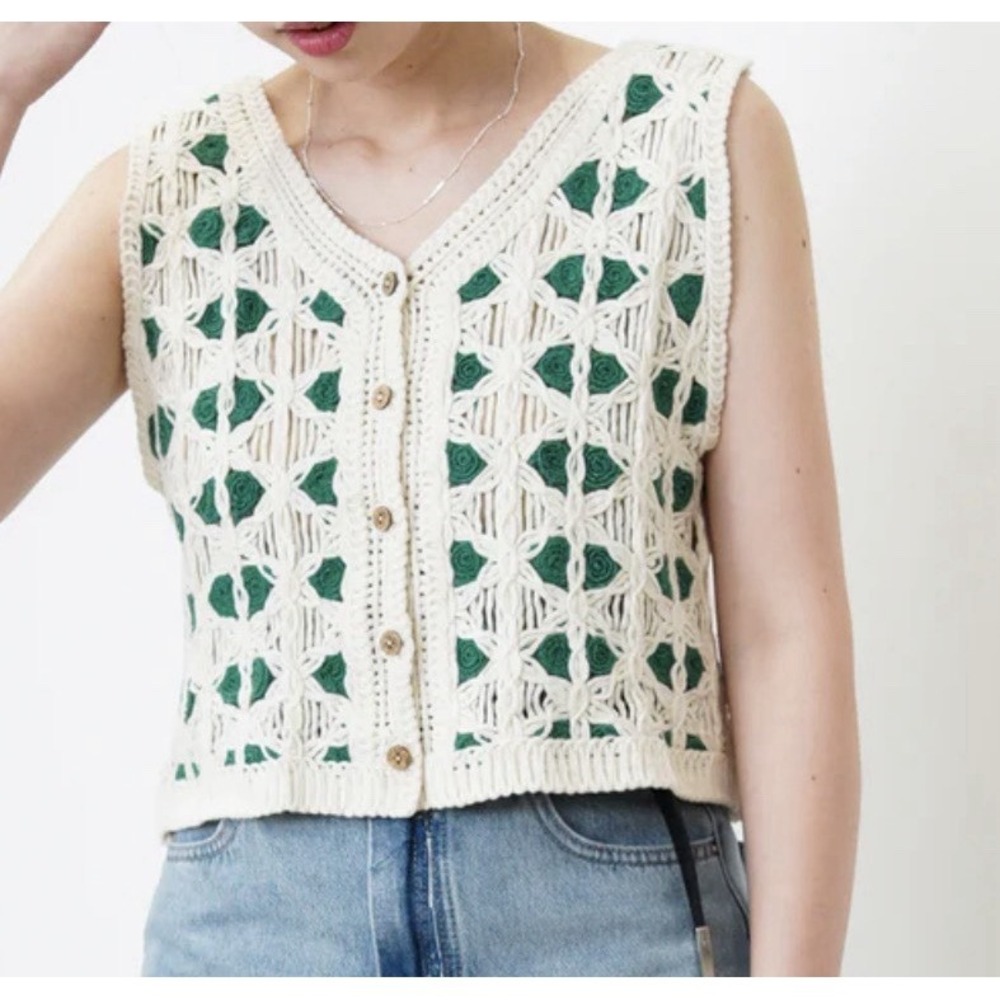 Q2 Women Crop Open Knit Crochet Vest Boho‎ Festival Beige, Green
